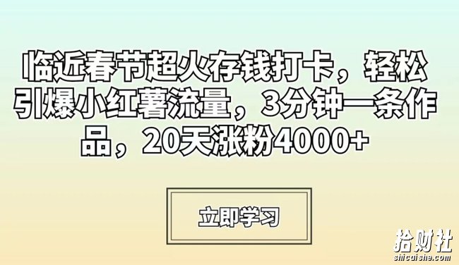临近春节超火存钱打卡,轻松引爆小红薯流量,3分钟一条作品,20天涨粉4000+【揭秘】