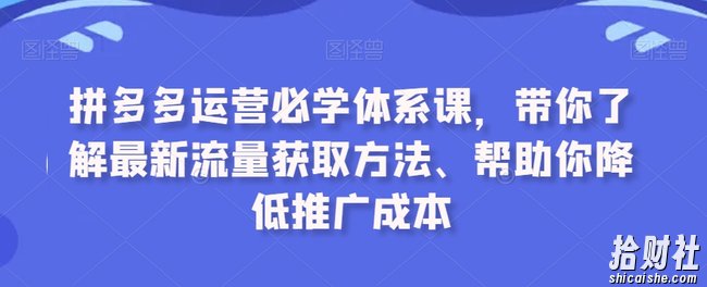 拼多多运营必学体系课,带你了解最新流量获取方法、帮助你降低推广成本