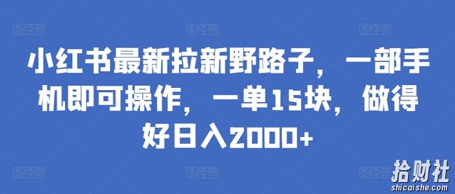 小红书最新拉新野路子，一部手机即可操作，一单15块，做得好日入2000+【揭秘】