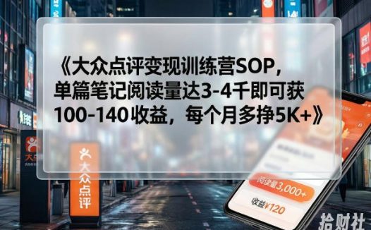 大众点评变现训练营SOP,单篇笔记阅读量达3-4千即可获100-140收益,每个月多挣5K+