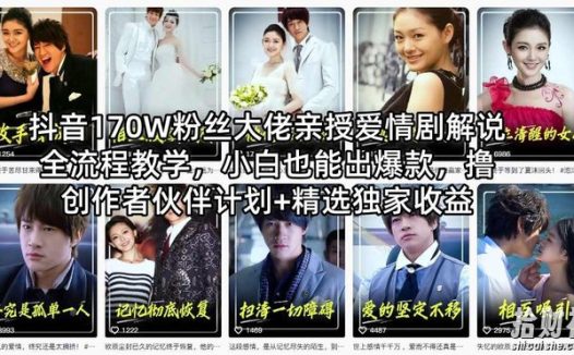 抖音170W粉丝大佬亲授爱情剧解说全流程教学，小白也能出爆款，撸创作者伙伴计划+精选独家收益