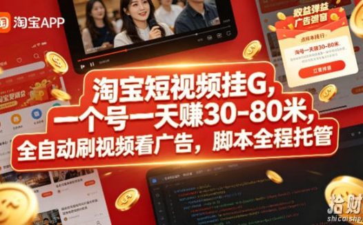 淘宝短视频挂G,一个号一天 賺30-80米,全自动刷视频看广告,脚本全程托管【揭秘】