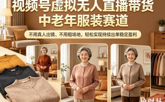视频号虚拟无人直播带货中老年服装赛道,不用真人出镜、不用租场地,轻松实现持续出单稳定盈利