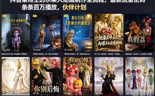 抖音某博主的水果人动画制作全流程,最新流量密码,条条百万播放,伙伴计划|分成计划|商单|收徒等