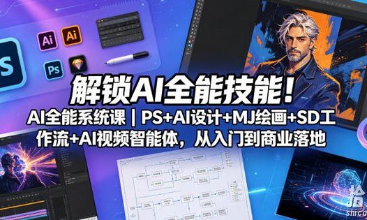 解锁AI全能技能!AI全能系统课|PS+AI设计+MJ绘画+SD工作流+AI视频智能体,从入门到商业落地