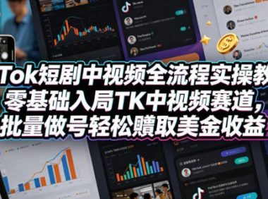 TikTok短剧中视频全流程实操教学，零基础入局TK中视频赛道，批量做号轻松賺取美金收益
